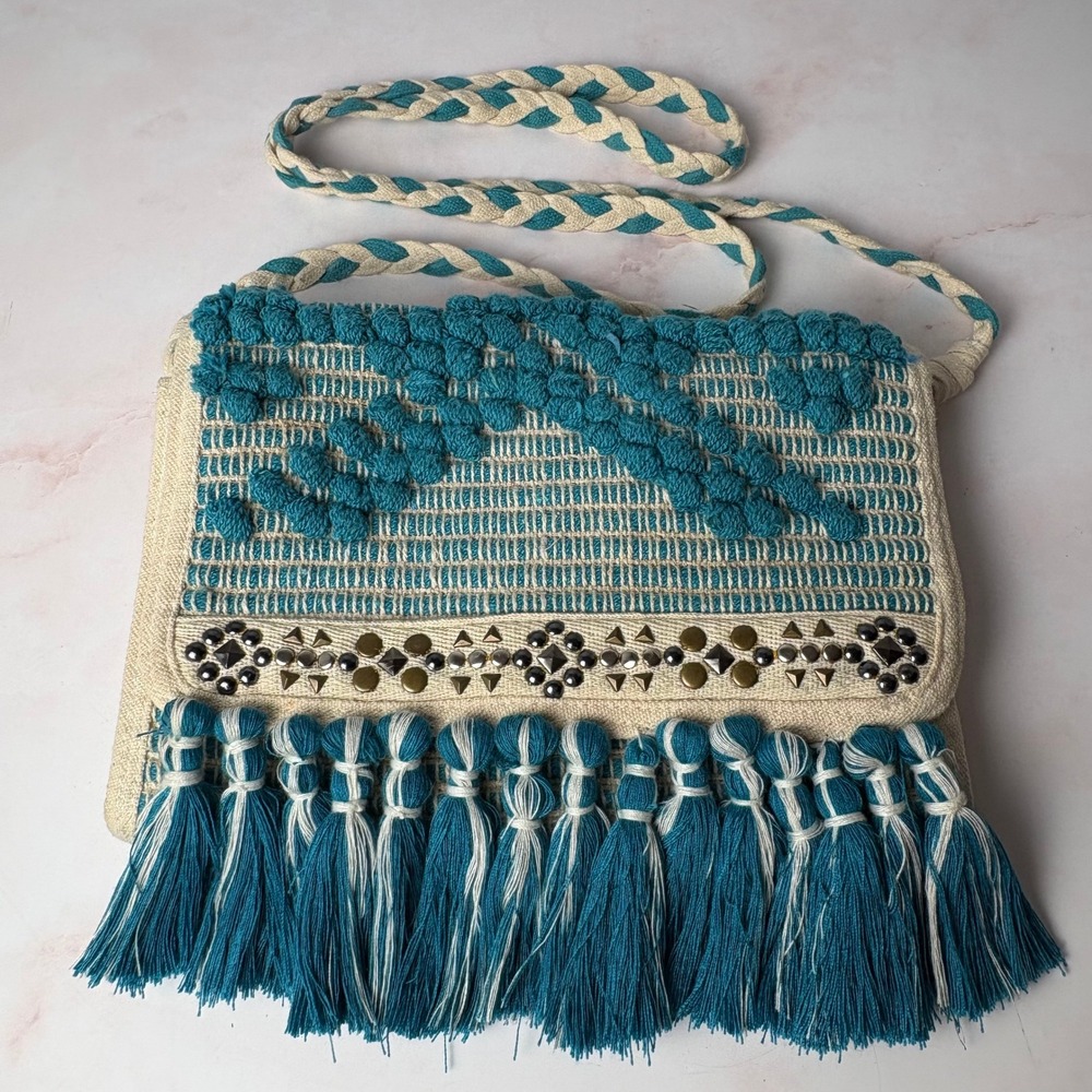 America & Beyond Teal Woven Tassel Crossbody Bag Studded Pom Pom Handcrafted